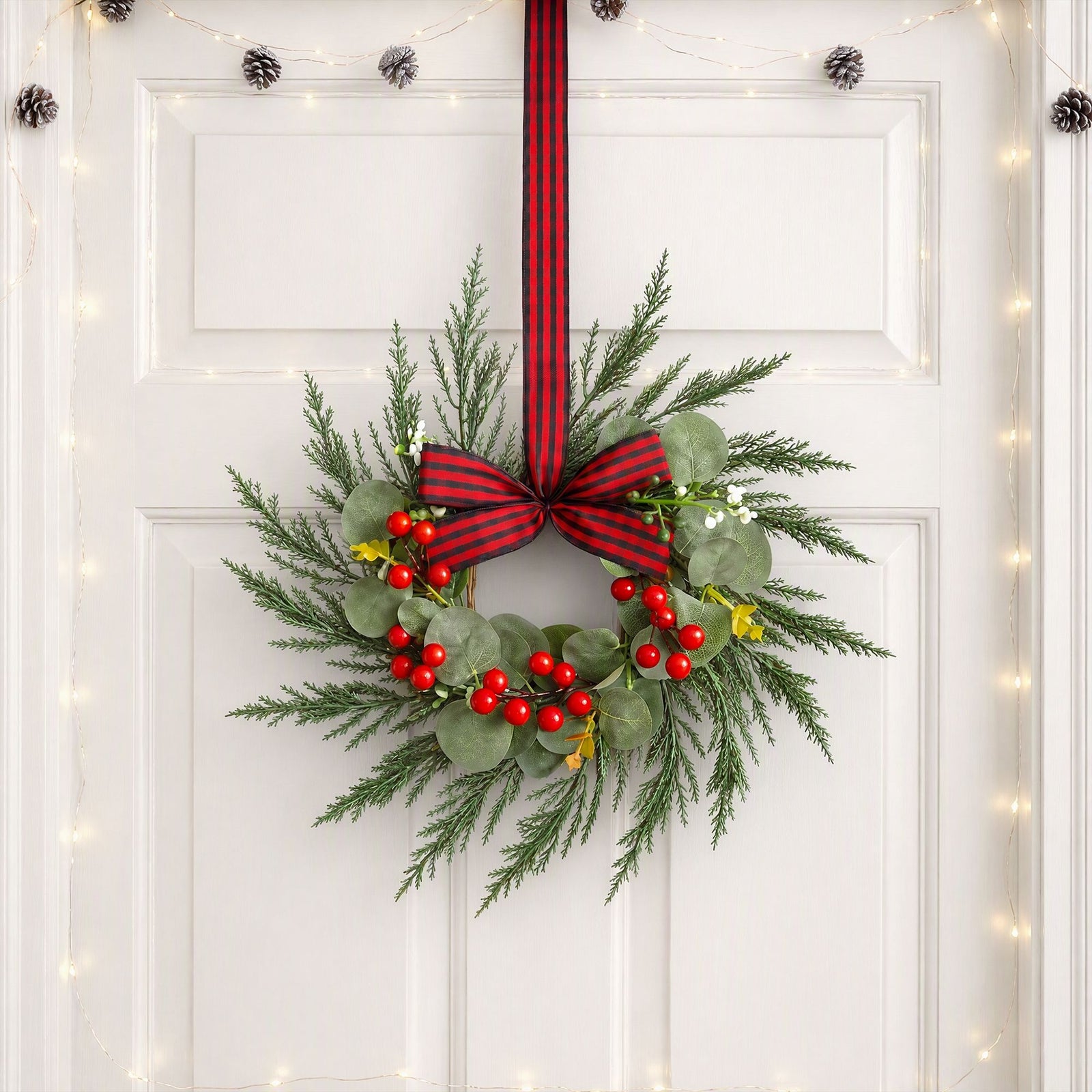 Jingle Jollys 6x Christmas Wreath Garland 26cm Pre-lit Wreaths Red Berries Bow