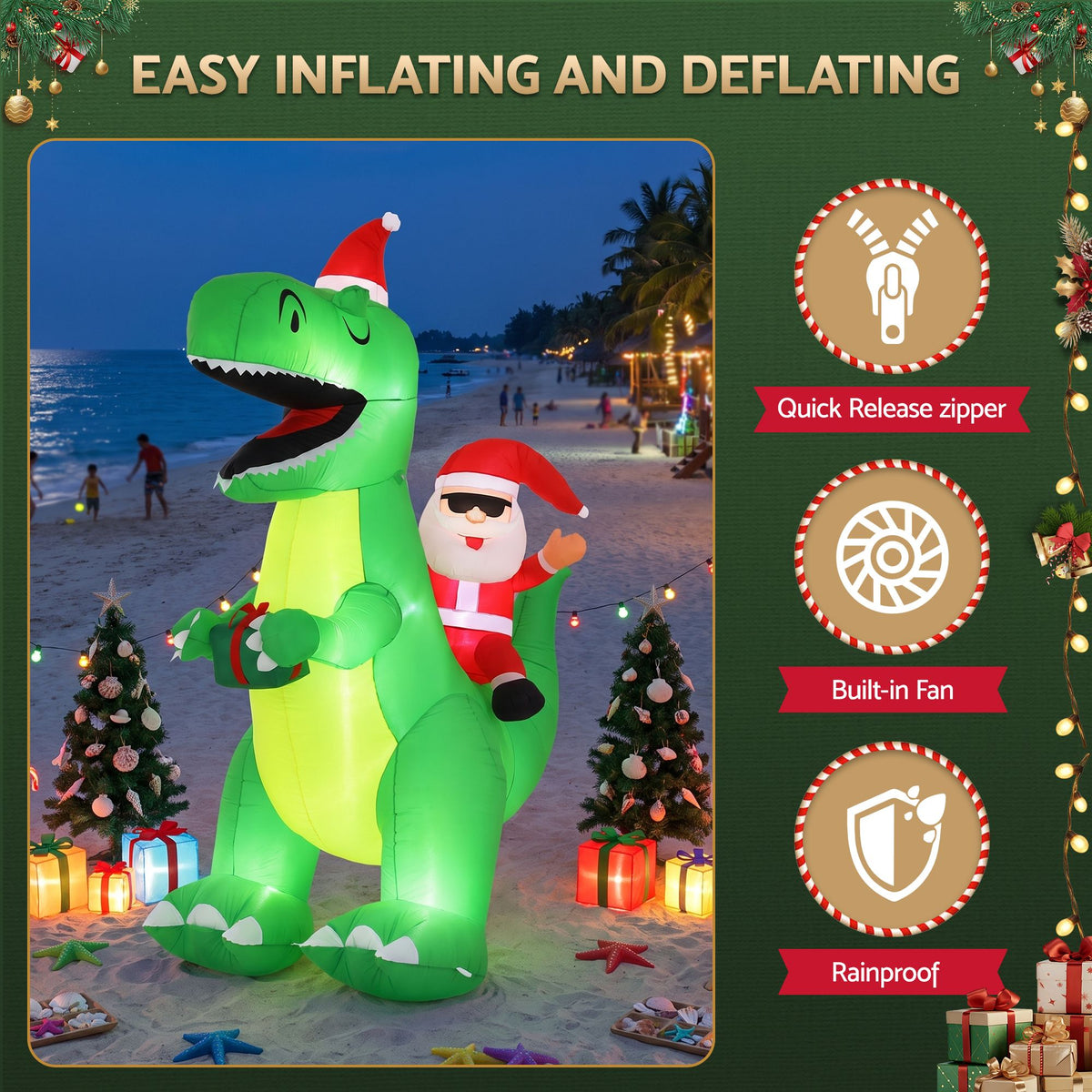 Jingle Jollys Christmas Inflatable Dinosaur 2.5M Illuminated Decorations