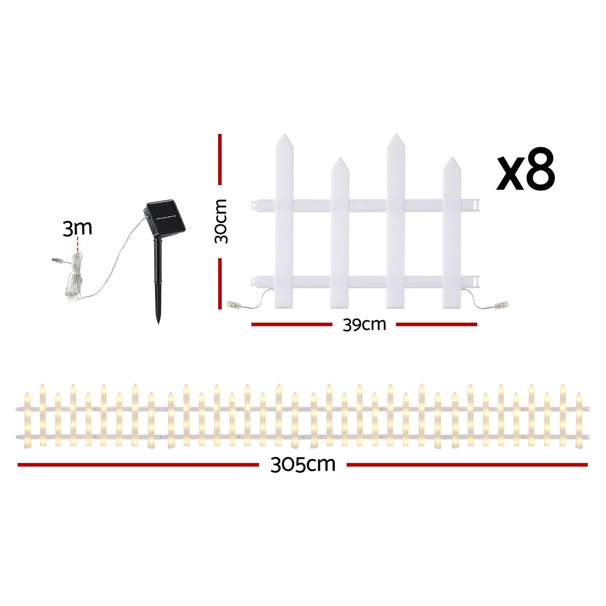 Jingle Jollys 3m Solar Christmas Fence Lights Outdoor Garden Path Decor Warm White 8pc