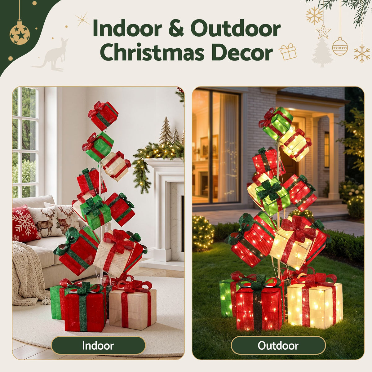 Jingle Jollys Christmas Decorations Lighted Gift Box Tower Christmas Lights Stackable 170cm