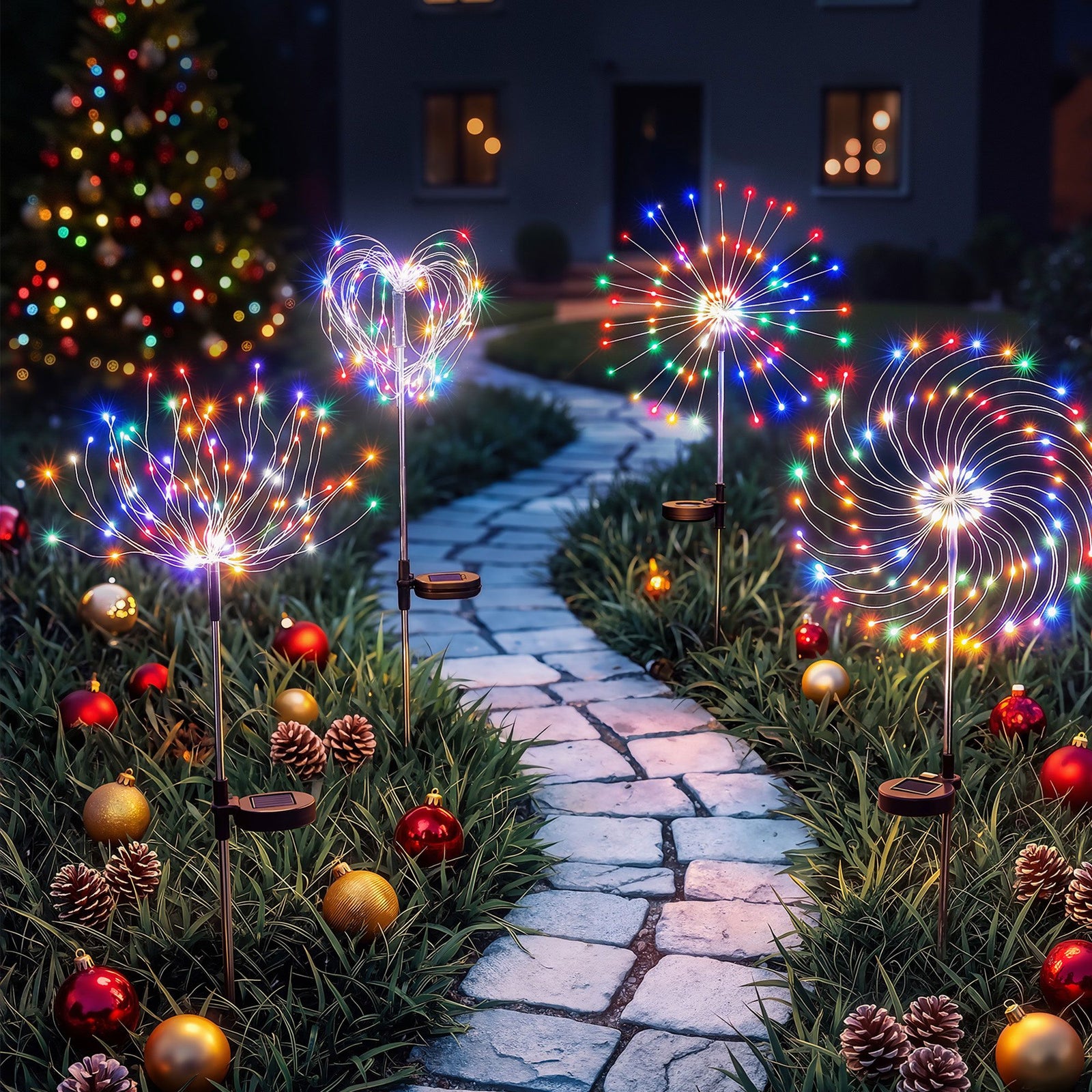 Jingle Jollys 4 Pack Christmas Path Lights Solar Firework Garden Decoration Multicolour