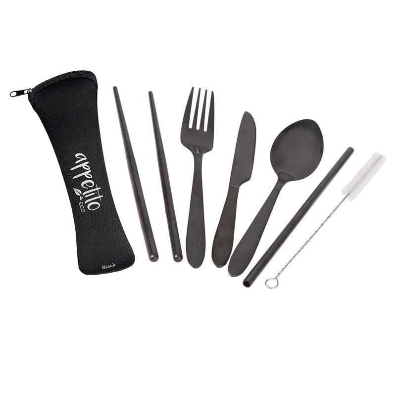 Appetito ? Stainless Steel Traveller?s Cutlery Set in Zippered Pouch Black-1910112383272095745
