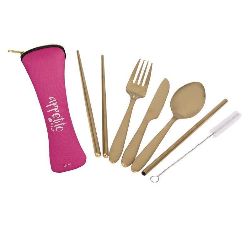 Appetito ? Stainless Steel Traveller?s Cutlery Set in Zippered Pouch Fuschia-1910112383418896384