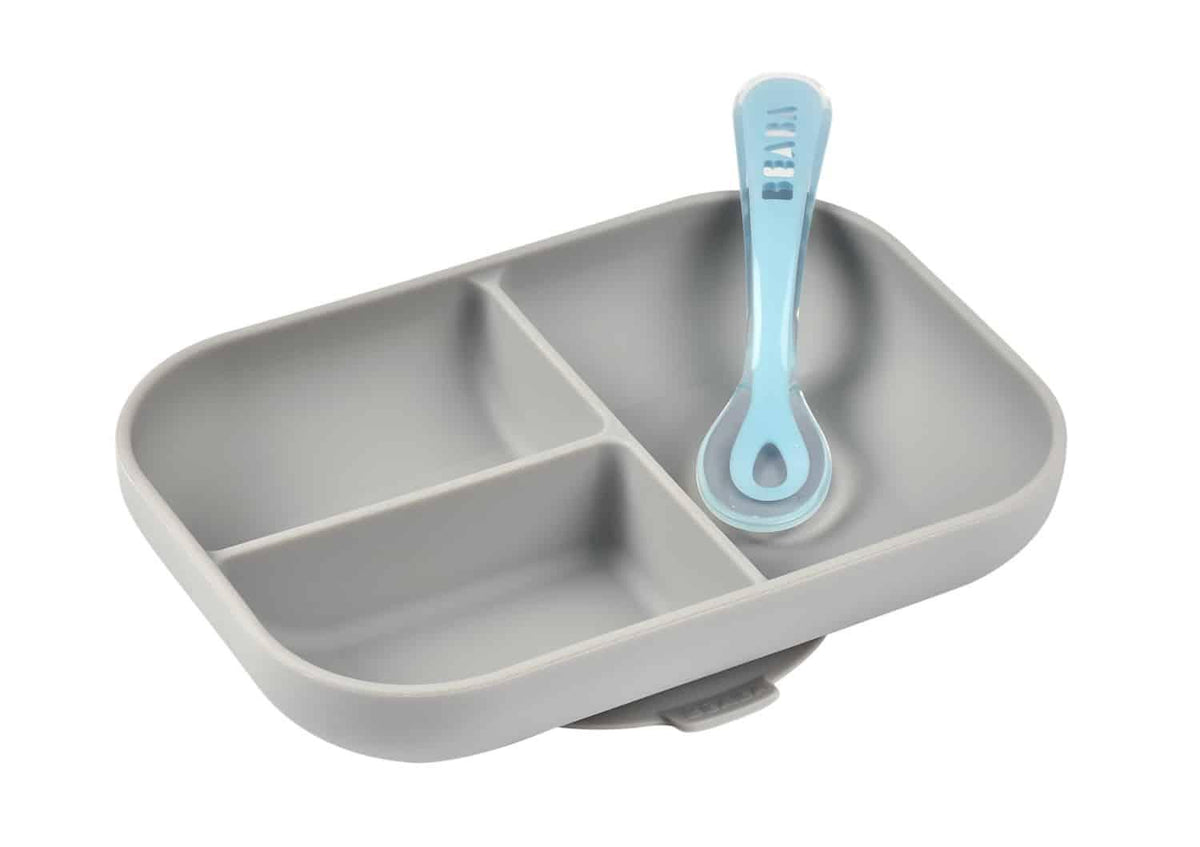 Beaba Silicone Suction Divided Plate &amp; Spoon - Grey-1954803103287087105
