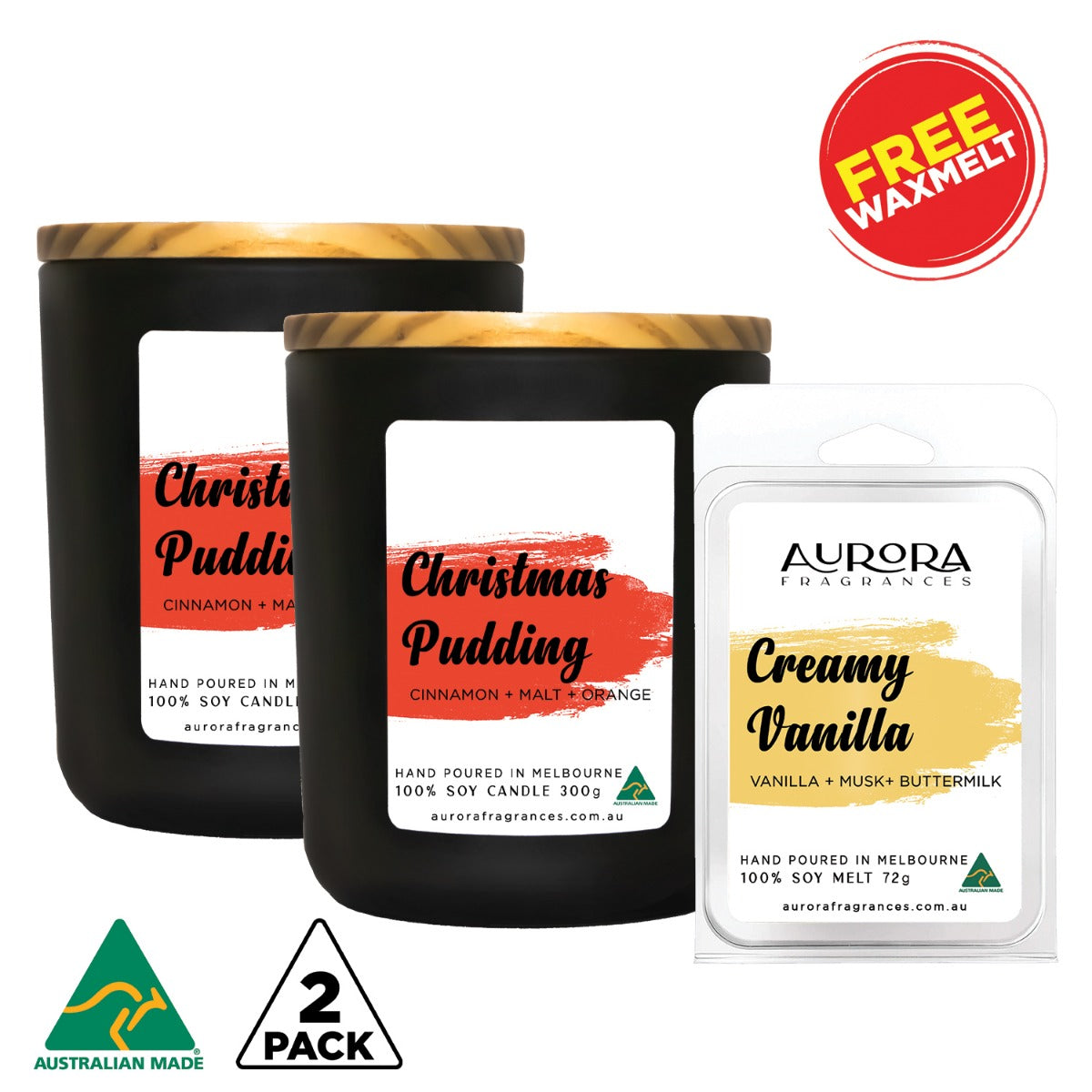 Aurora Christmas Pudding Scented Soy Candle Australian Made 300g 2 Pack