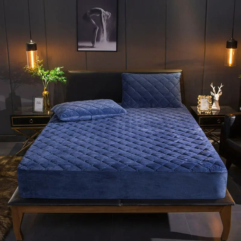 Anyhouz Mattress Cover Navy Blue Double Size Crystal Velvet Thicken Quilted Warm Soft Plush Bed Sheet