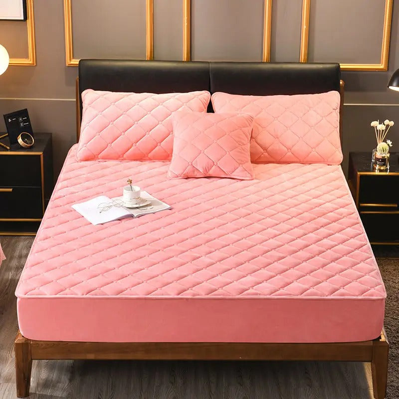 Anyhouz Mattress Cover Pink Double Size Crystal Velvet Thicken Quilted Warm Soft Plush Bed Sheet