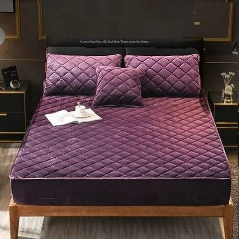 Anyhouz Mattress Cover Dark Purple Double Size Crystal Velvet Thicken Quilted Warm Soft Plush Bed Sheet