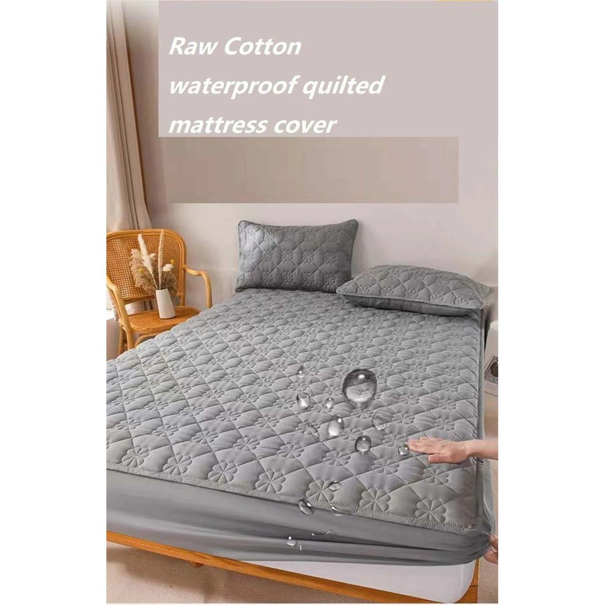 Anyhouz Mattress Cover Gray Double Size Waterproof Quilted Fitted Bed Sheet