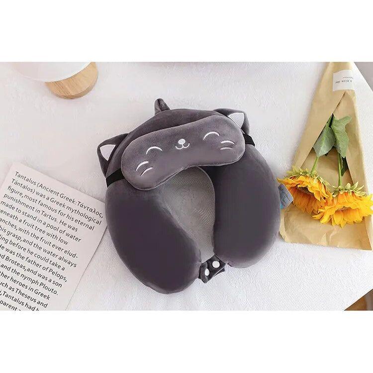 Anypack Neck Pillow Gray Cat Cartoon Memory Cotton U-shaped Soft Fluffy Comfortable Sleep Headrest