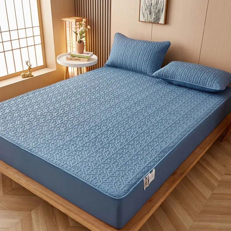 Anyhouz Mattress Cover Blue Double Size Pure Cotton Soft Quilted Bed Sheet Anti-bacterial Protector Cover