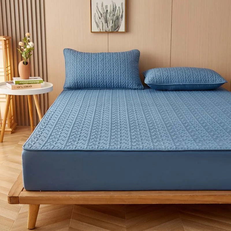 Anyhouz Mattress Cover Blue Double Size Pure Cotton Soft Quilted Bed Sheet Anti-bacterial Protector Cover