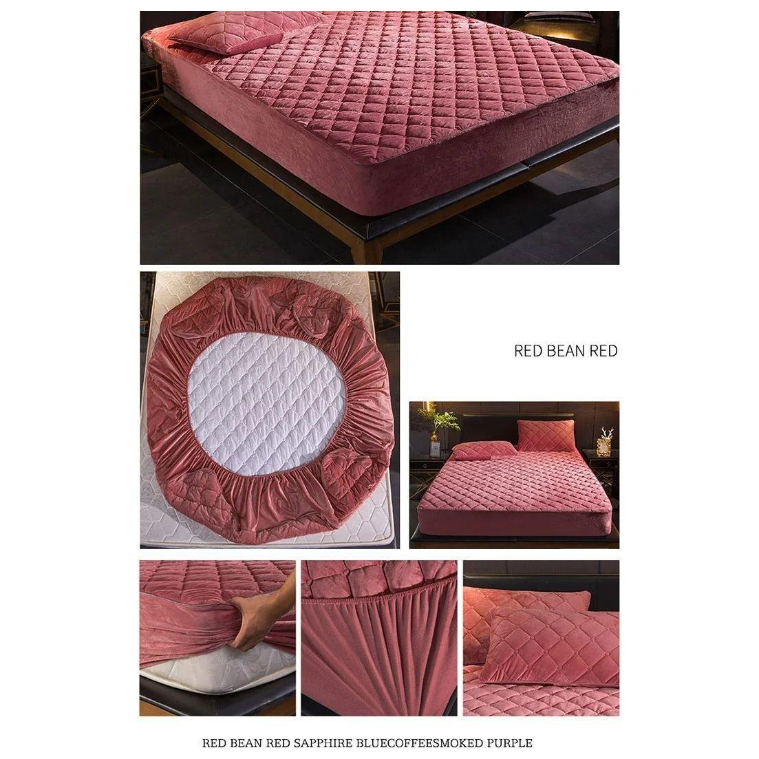 Anyhouz Mattress Cover Bean Red Double Size Crystal Velvet Thicken Quilted Warm Soft Plush Bed Sheet