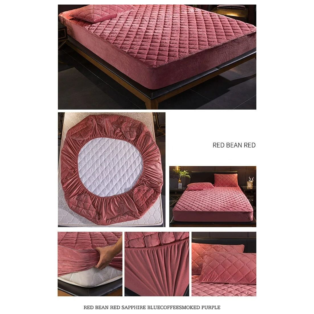 Anyhouz Mattress Cover Bean Red 120x200cm Crystal Velvet Thicken Quilted Warm Soft Plush Bed Sheet