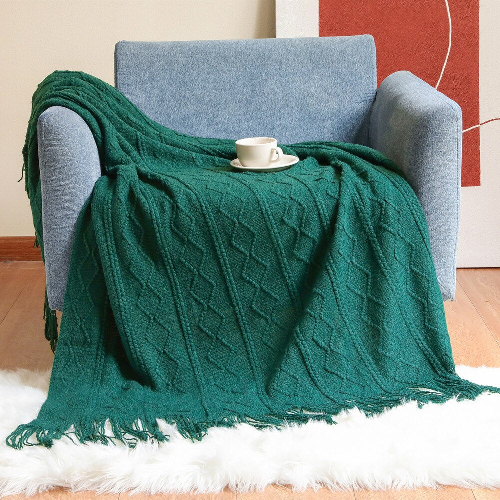 Anyhouz Sky Blue Throw Blanket Faux Cashmere Sofa Cover Vertical Bar Diamond Knit Plaid Tassels Blanket for Spring Summer 130*230cm