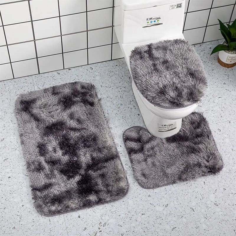 Anyhouz Bath Mat 3pc Grey Bathroom Silk Tie-Dye Toilet Soft Non Slip Rug Shower Carpets Toilet Lid Cover Floor Mats for Hallway