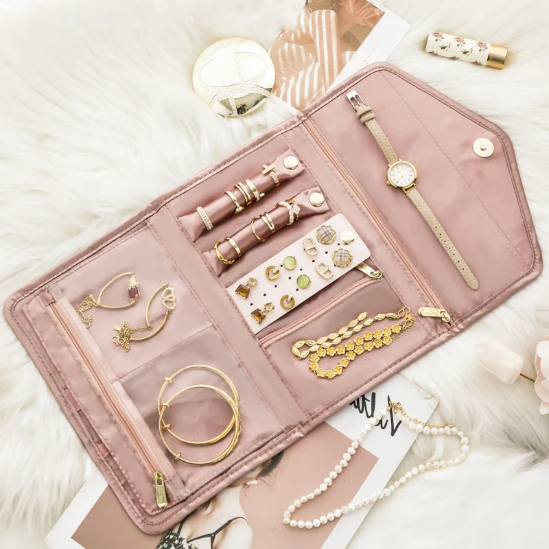 Anyhouz Jewelry Storage Foldable Case Pink XS Portable for Journey Earrings Rings Diamond s Brooches Storage Bag