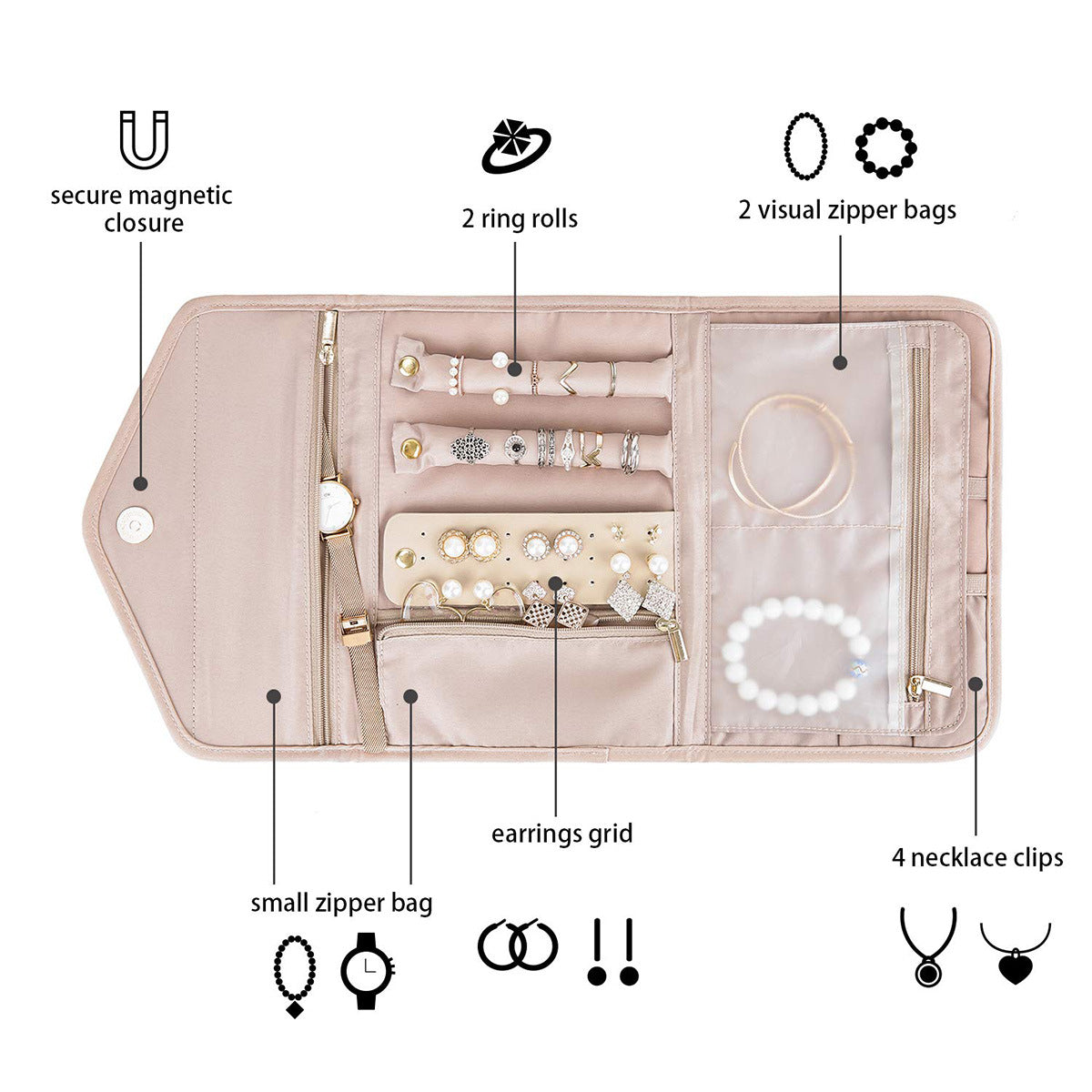 Anyhouz Jewelry Storage Foldable Case Black XS Portable for Journey Earrings Rings Diamond s Brooches Storage Bag