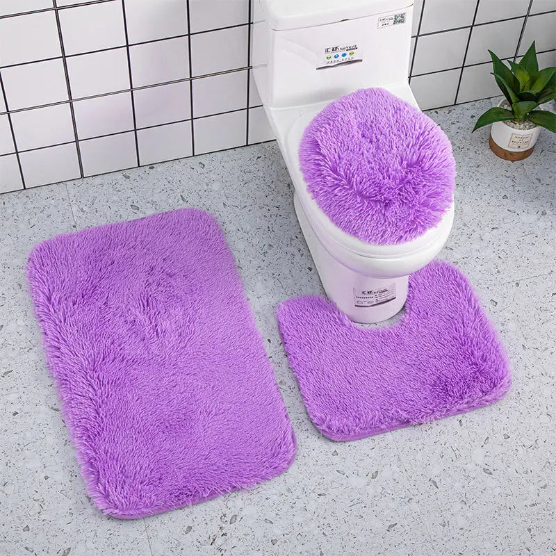 Anyhouz Bath Mat 3pc Purple Bathroom Silk Tie-Dye Toilet Soft Non Slip Rug Shower Carpets Toilet Lid Cover Floor Mats for Hallway