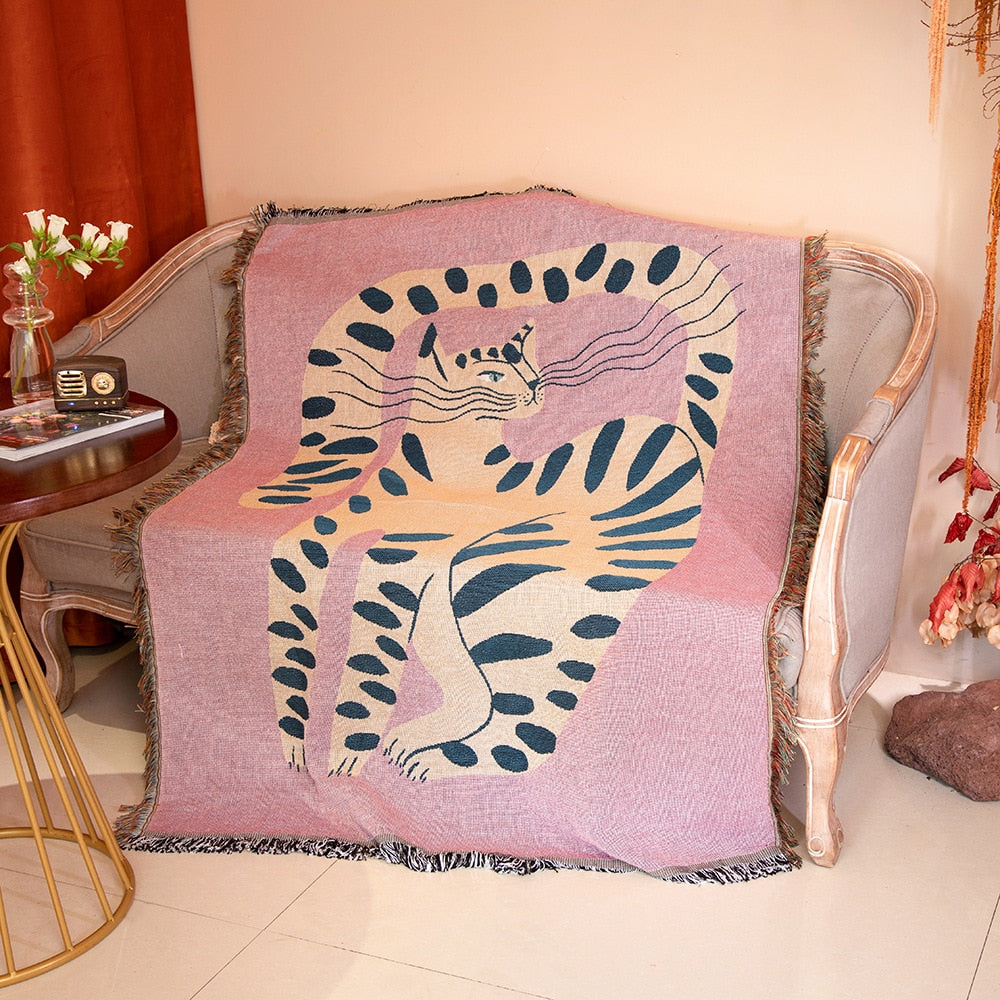 Anyhouz Pink Cat Throw Blanket Cozy Sofa Couch Bed Cover Outdoor Camping Mat Home Decor Tapestry with Tassel