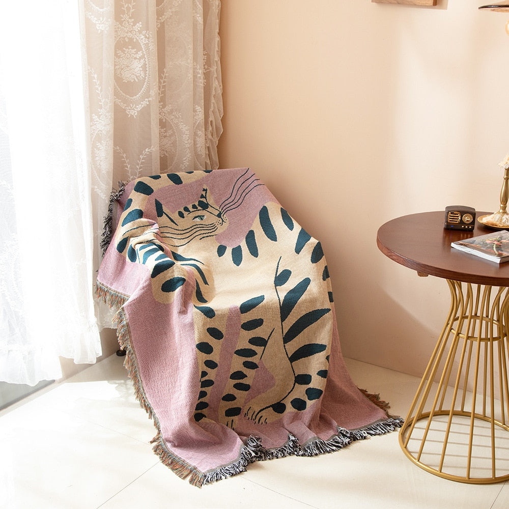 Anyhouz Pink Cat Throw Blanket Cozy Sofa Couch Bed Cover Outdoor Camping Mat Home Decor Tapestry with Tassel