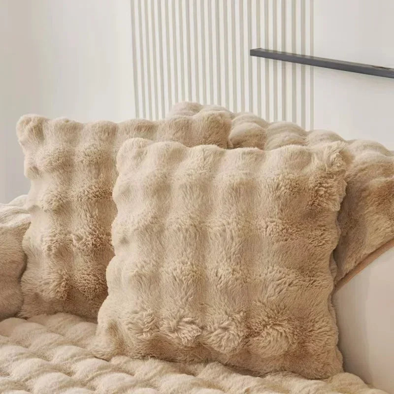 Anyhouz Sofa Towel Super Soft Rabbit Plush Pink Thicken Bubble Velvet Non-slip Sectional Sofa Cover Non-slip L-shaped Couch Cover