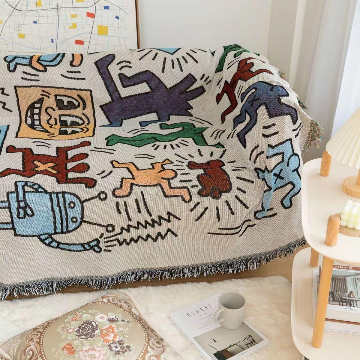 Anyhouz Jacquard Weave Jigsaw Throw Blanket Cozy Sofa Couch Bed Cover Outdoor Camping Mat Home Decor Tapestry with Tassel