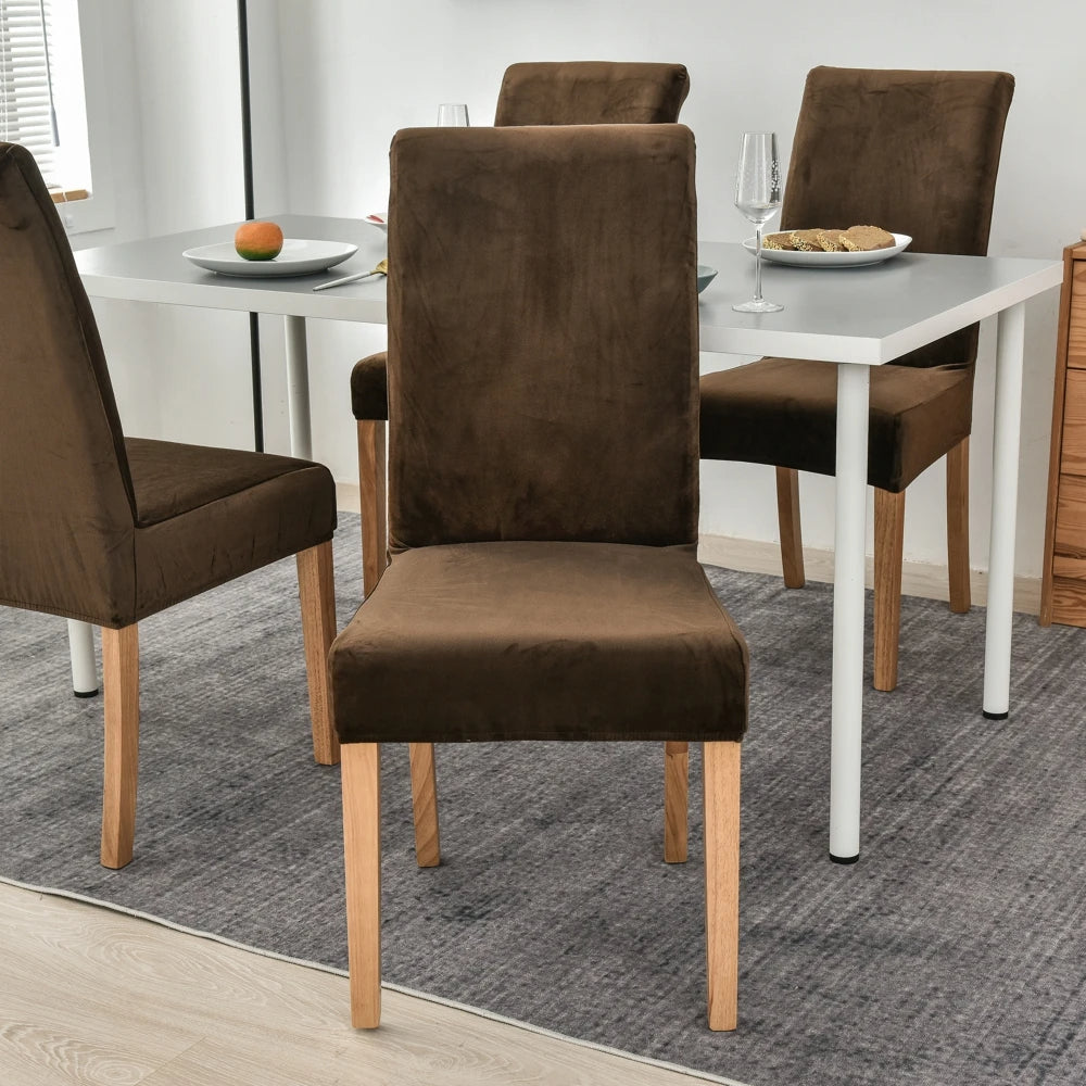 Anyhouz Chair Cover Coffee Velvet Plush Stretch Chair Slipcover Elastic Spandex Chair Cover for Dining Room Kitchen Wedding Banquet Hotel
