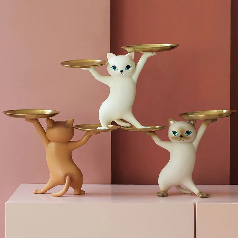 Anyhouz Home Figurine Gray Cat Tray Figurines for Interior Entrance Key Desktop Candy Storage Container Home Office Table Decor Accessories
