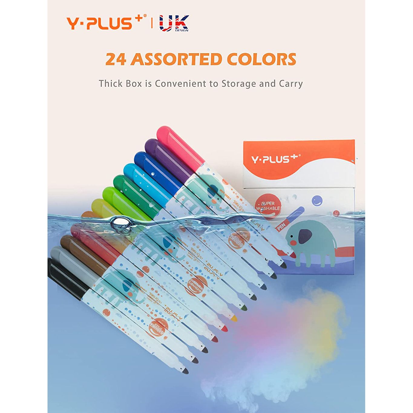 YPLUS Elephant Watercolor JUMBO Markers Set-24 Non-Toxic Fabric Markers for Coloring and Art Supplies