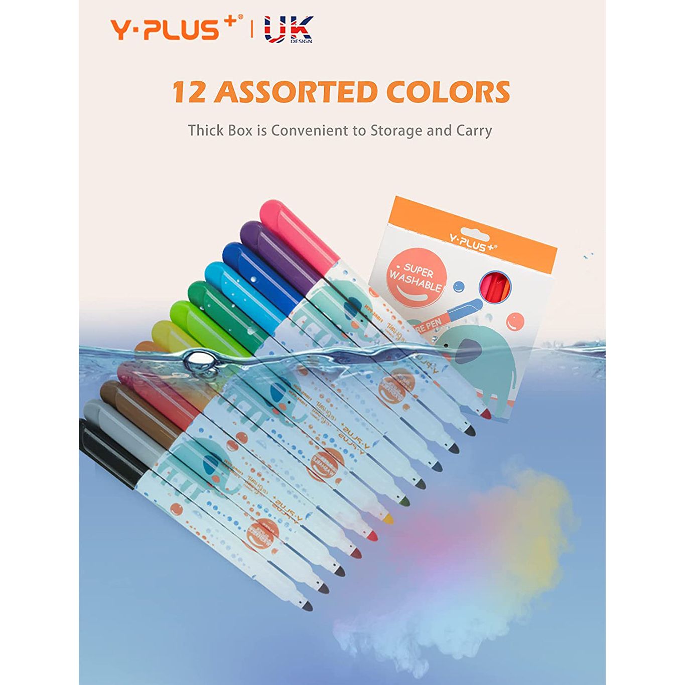 YPLUS Elephant Watercolor JUMBO Markers Set-12 Non-Toxic Fabric Markers for Coloring and Art Supplies