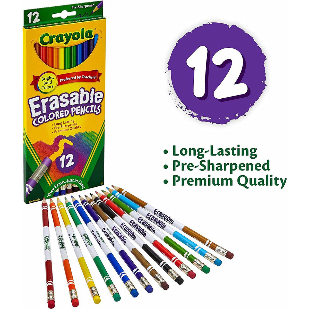 YPLUS Erasable Colored Pencils with Erasers 12pcs