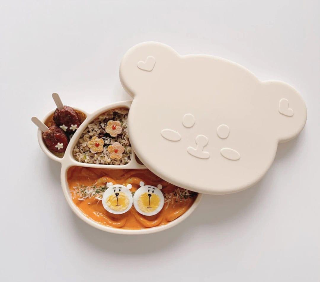 Grosmimi Bear Silicone Suction Food Plate with Silicone Lid Chocolate Brown-1954803140633169920
