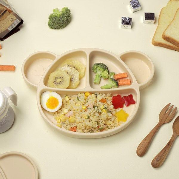 Grosmimi Bear Silicone Suction Food Plate with Silicone Lid Oatmeal-1954803140800942080