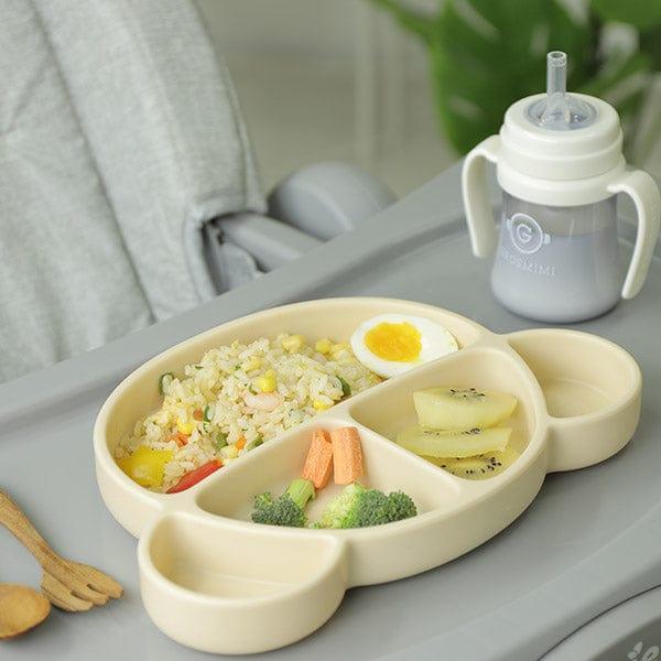 Grosmimi Bear Silicone Suction Food Plate with Silicone Lid Vanilla-1954803140985491459