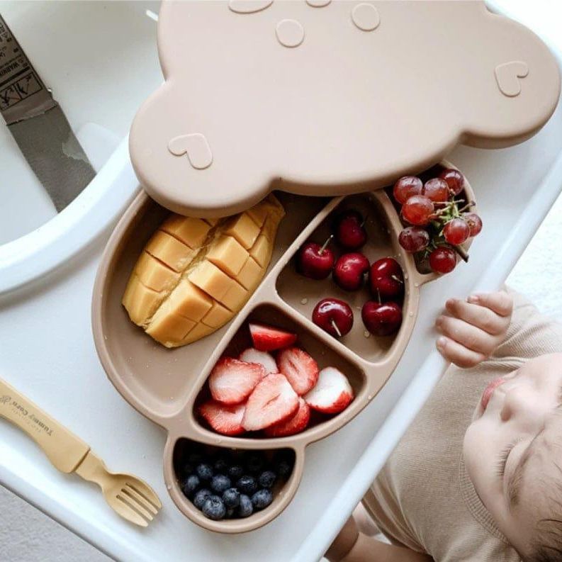 Grosmimi Bear Silicone Suction Food Plate with Silicone Lid Pink-1910112431074578437