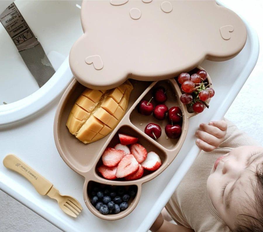 Grosmimi Bear Silicone Suction Food Plate with Silicone Lid Vanilla-1954803140985491461