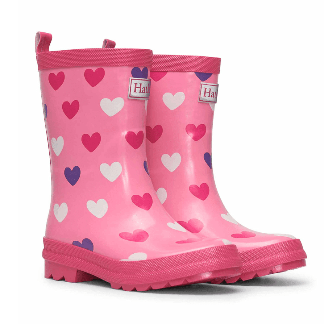 HATLEY Shiny Kids Rain Boots | Scattered Hearts size 8-1954803166952427520