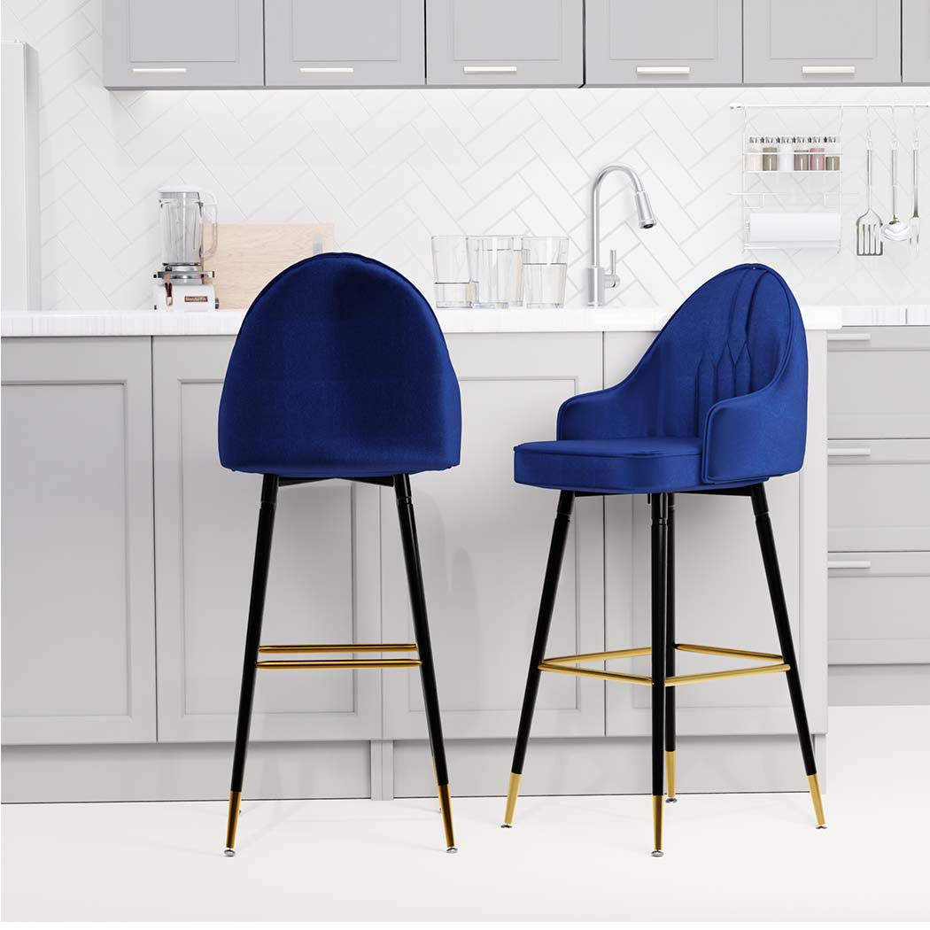 Levede Velvet Swivel Bar Stools x 2 Blue-1919892919670673408