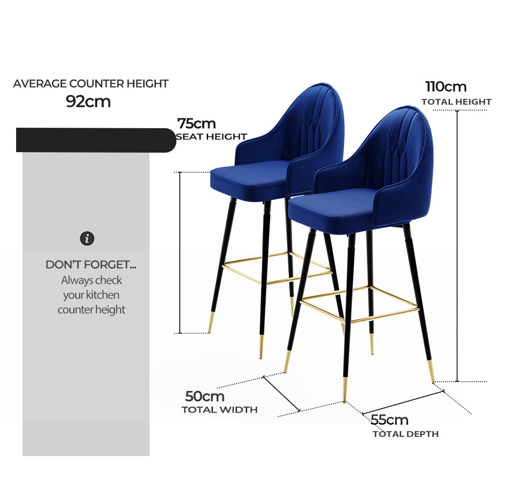 Levede Velvet Swivel Bar Stools x 2 Blue-1919892919670673410