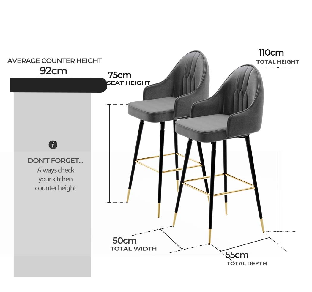 Levede Velvet Swivel Bar Stools x 2 Grey-1919892920018800642