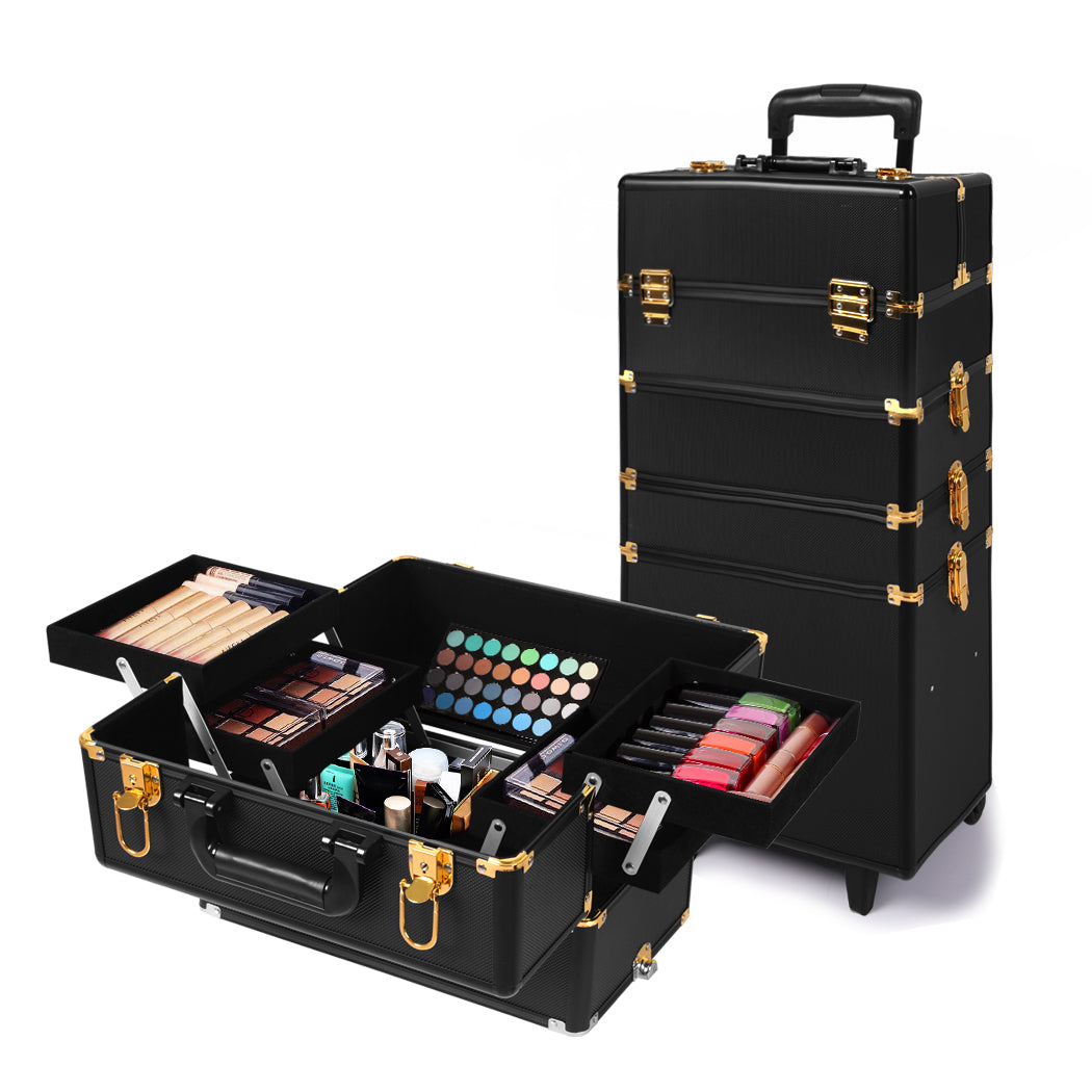 Portable Makeup Case Cosmetic Trolley Black and Golden-1919892938394046464