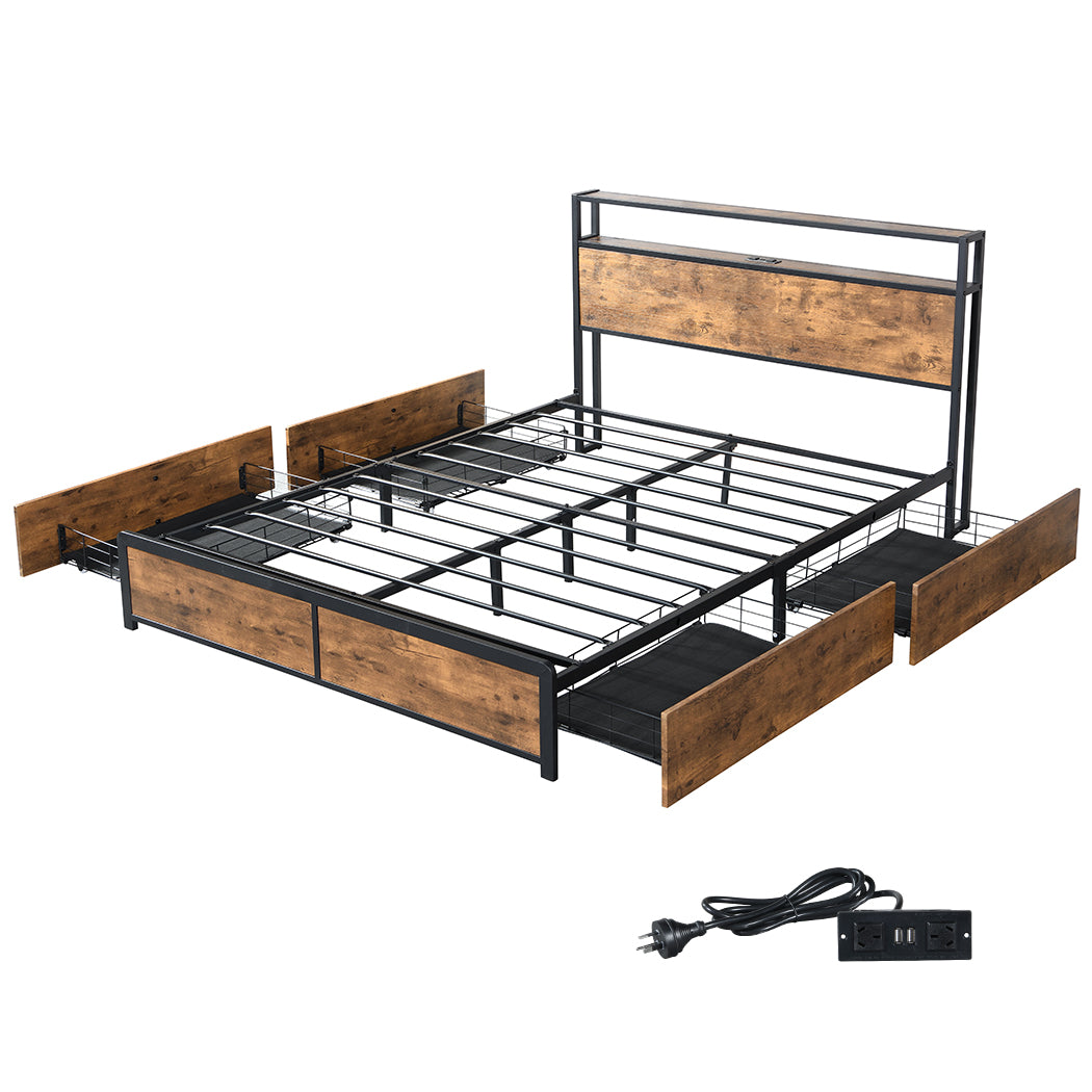Levede Queen Bed Frame RGB LED 4 Drawers USB-1954802934869004288