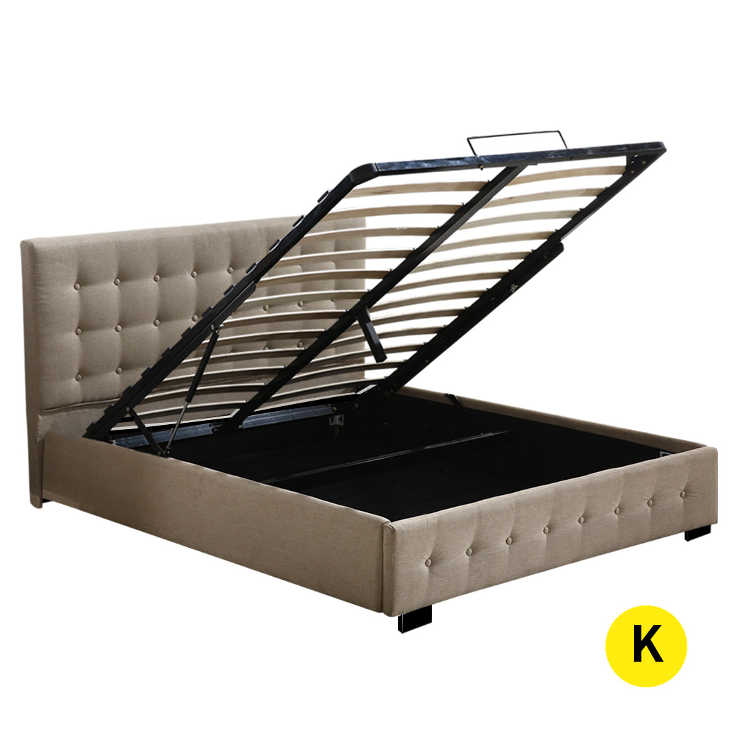 Levede Fabric Bed Frame King Tufted Beige-1954802922386755584