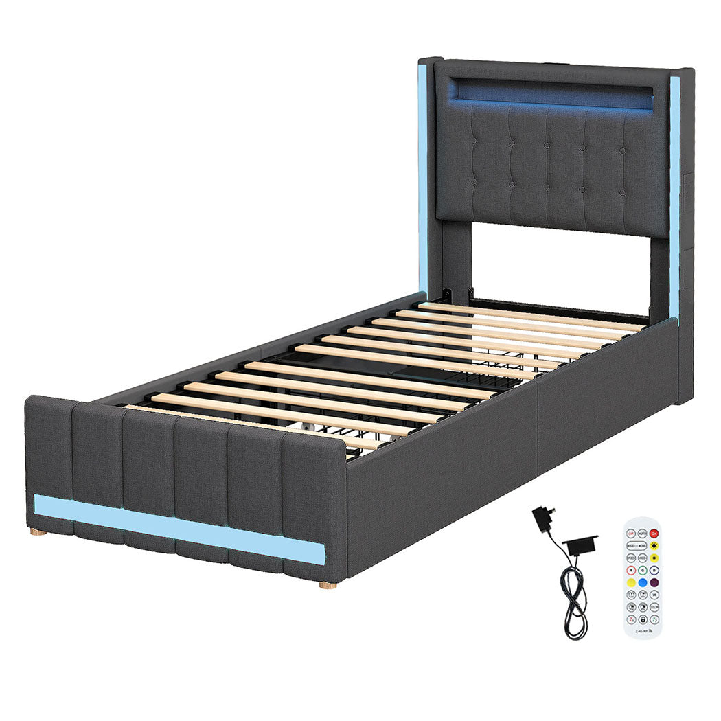 Levede Single Bed Frame Fabric Storage Drawer LED USB-1973194180901605376