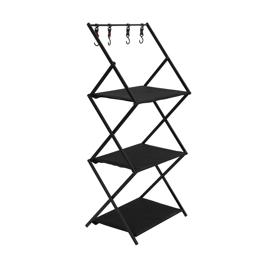 Levede Foldable Camping Storage Shelves 3 Layer with Hooks Black-1954802656971198464