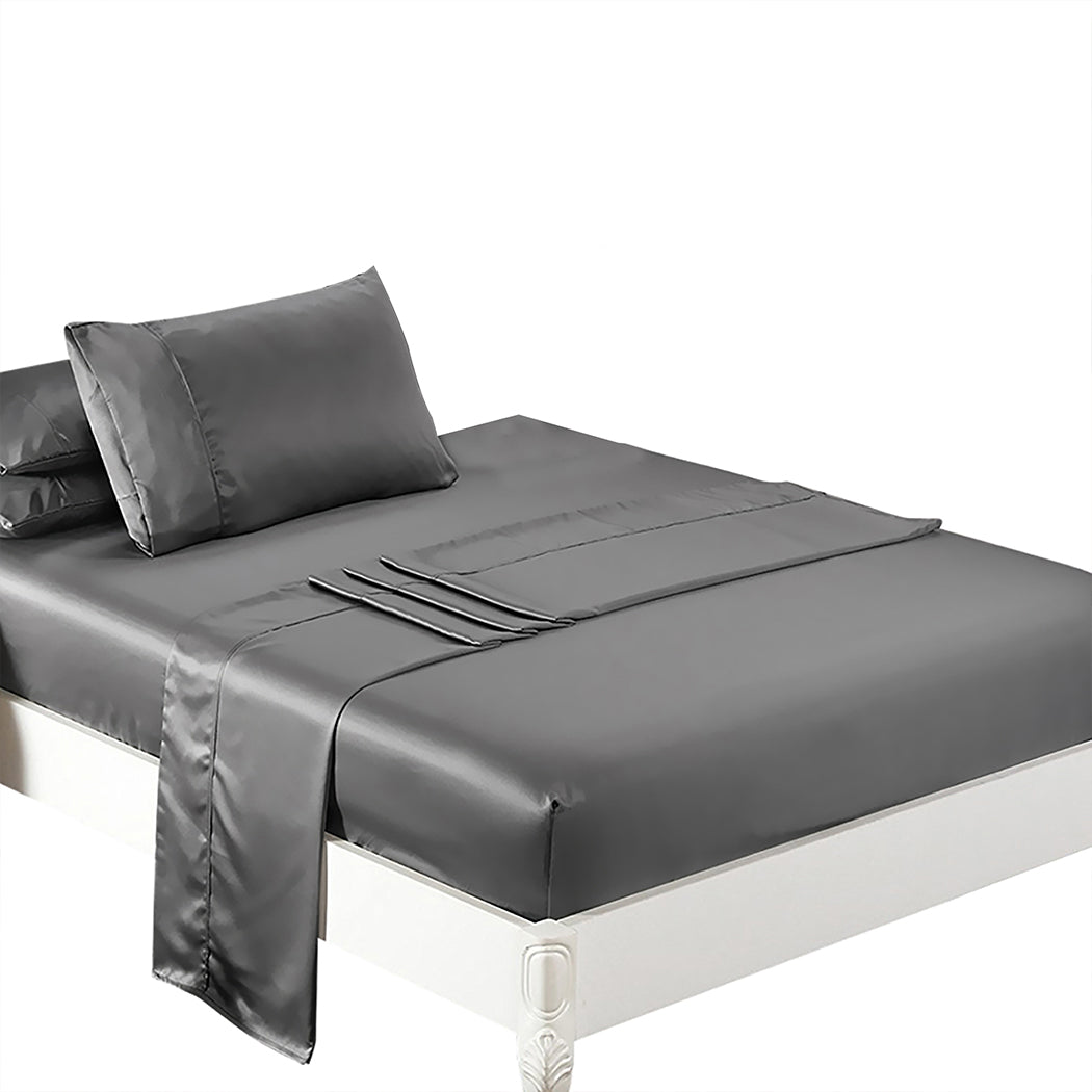 DreamZ Silky Satin Sheets Fitted Flat Single Grey Dark Grey-1954802915172552704