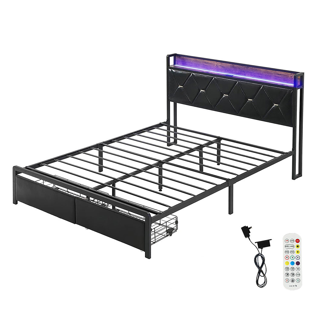 Levede Double Metal Bed Frame LED Lights 2 Drawers-1954802443862806528