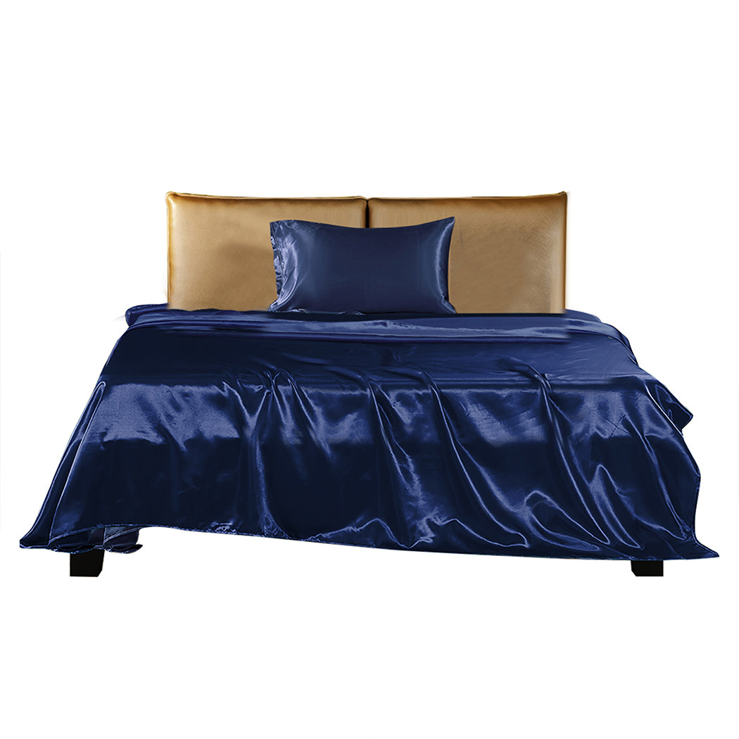 DreamZ Silky Satin Sheets Fitted Flat Single Blue-1954802914958643201