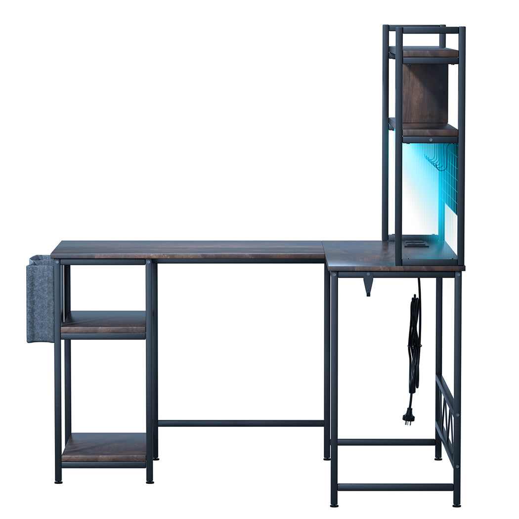 Levede L Shaped Gaming Desk with LED Lights Brown-1954802382403670017